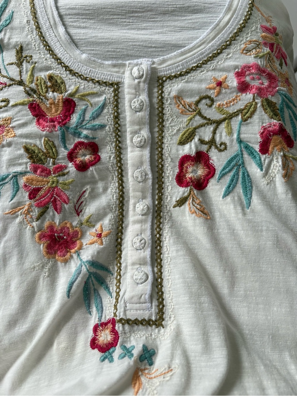 Sundance Floral Embroidered Boho 3/4 Sleeve Peasant Top. Large. Ivory Festival - Picture 6 of 11